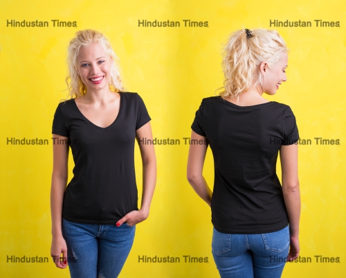 Woman,In,Black,V-,Neck,T-shirt,On,Yellow,Background