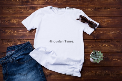 White,Unisex,Cotton,T-shirt,Rustic,Mockup,With,Sunglasses,,Jeans,And