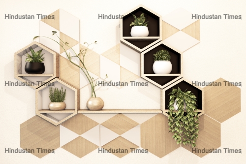 Hexagon,Wooden,Shelf,Japanese,Design,On,Wall.3d,Rendering