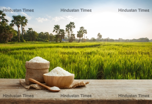 Asian,Uncooked,White,Rice,With,The,Rice,Field,Background