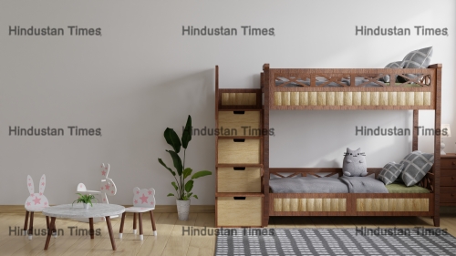 Children's,Bedroom,Has,A,Bunk,Wooden,Bed,With,Dolls,On