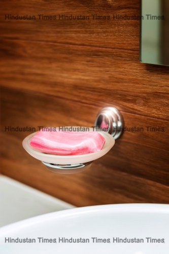 Hygiene,Concept.,Red,Pink,Soap,On,A,Dish,In,The