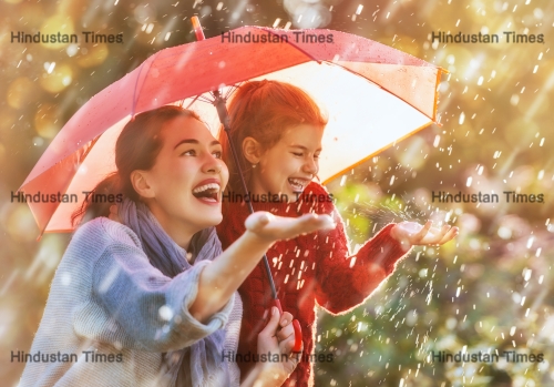 Happy,Funny,Family,With,Red,Umbrella,Under,The,Autumn,Shower.