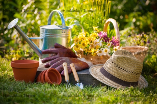 Gardening,Tools,And,A,Straw,Hat,On,The,Grass,In