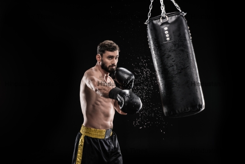 Young,Muscular,Boxer,Exercising,With,Punching,Bag,Isolated,On,Black