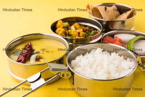 Typical,Stainless,Steel,Lunch,Box,Or,Tiffin,With,North,Indian