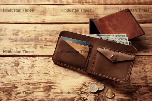 Stylish,Leather,Wallet,With,Money,And,Box,On,Wooden,Background