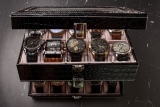Storage,Black,Leather,Box,With,Collection,Of,Men,Wrist,Watches