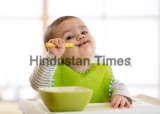 Happy,Infant,Baby,Boy,Spoon,Eats,Itself
