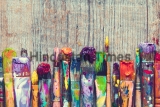 Row,Of,Artist,Paint,Brushes,Closeup,On,Old,Wooden,Background.