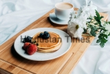 Breakfast,In,Bed,With,Pancakes,And,Coffee,On,Wooden,Tray